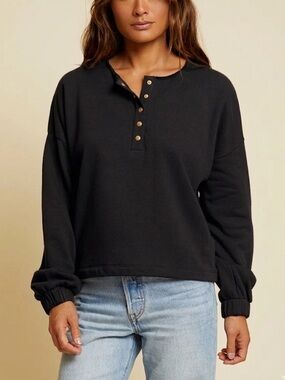 Nation LTD Callan Sweatshirt Gold Snap Henley Fleece Black Medium
